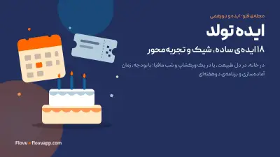 طرح گرافیکی کیک تولد با شمع، کارت دعوت و تقویم روی زمینه‌ی سرمه‌ای با عنوان ایده تولد