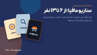 طرح گرافیکی کارت‌های نقش بازی مافیا روی زمینه‌ی سرمه‌ای با عنوان سناریو مافیا از ۶ تا ۱۳ نفر