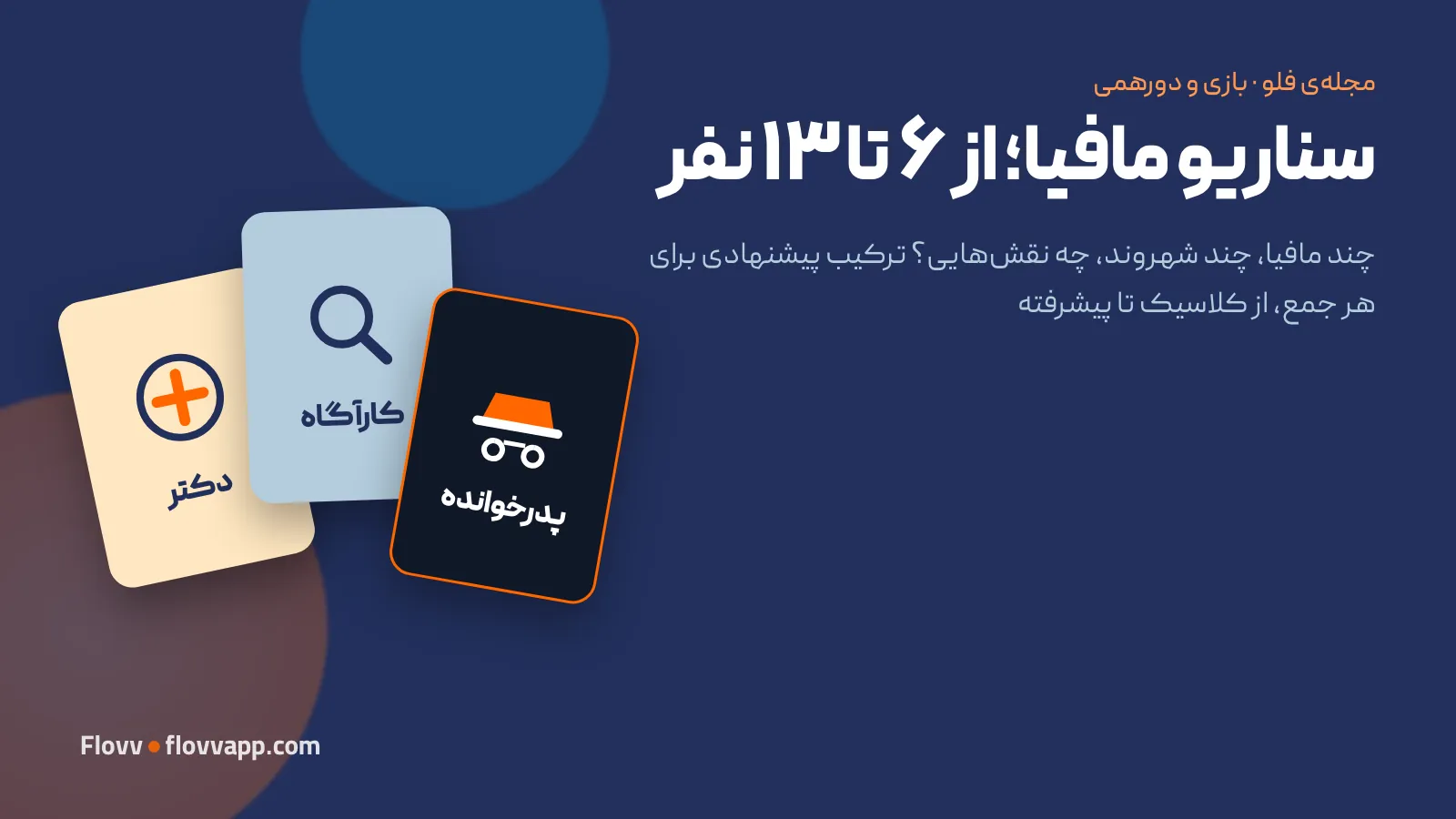 طرح گرافیکی کارتهای نقش بازی مافیا روی زمینهی سرمهای با عنوان سناریو مافیا از ۶ تا ۱۳ نفر
