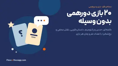 طرح گرافیکی کارت‌های بازی دورهمی، حباب گفتگو و علامت سؤال روی زمینه‌ی سرمه‌ای با عنوان ۲۰ بازی دورهمی بدون وسیله