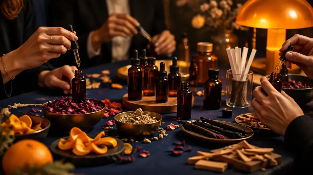 شیشه‌های کهربایی عطر، قطره‌چکان و گلبرگ‌های خشک روی میز ورکشاپ عطرسازی
