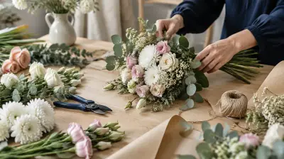 دست‌هایی در حال بستن دسته‌گل دستی از رز صورتی، داوودی سفید و اکالیپتوس روی میز چوبی ورکشاپ گل‌آرایی، کنار قیچی باغبانی، کاغذ کرافت و نخ کنفی