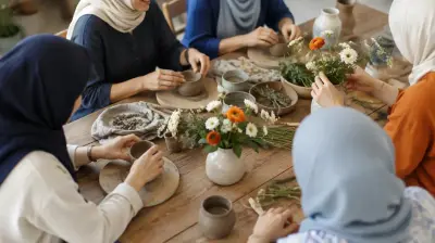 چند زن با روسری دور یک میز چوبی در ورکشاپ گروهی، فنجان‌های کوچک سفالی را با دست شکل می‌دهند و گل‌های تازه را در گلدان می‌چینند