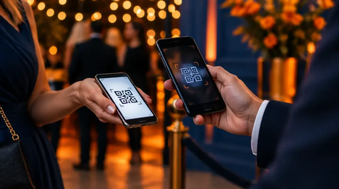 اسکن کد QR بلیت مهمان با گوشی در ورودی یک رویداد شبانه